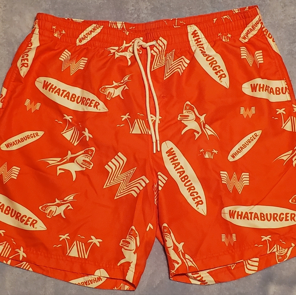 Whataburger Swim Trunks Men's XXL Orange Board Shorts Surfboard Shark Palm Trees